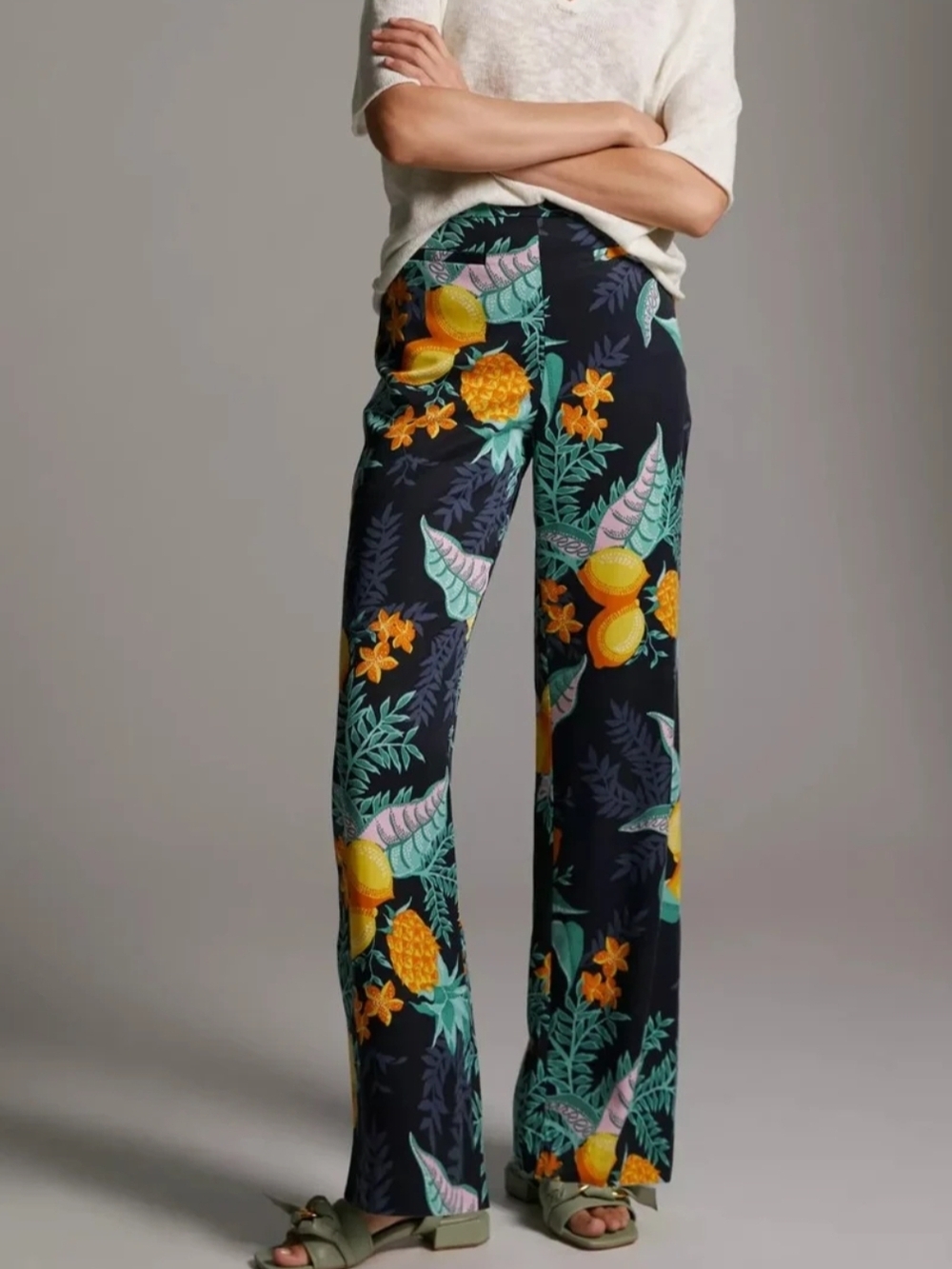 Maeve Escape Printed Pants Tropical Floral Pants with Yellow Accents